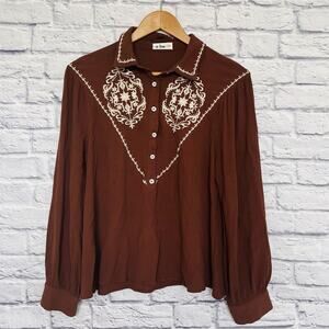 Brown Embroidered Long-Sleeve Blouse